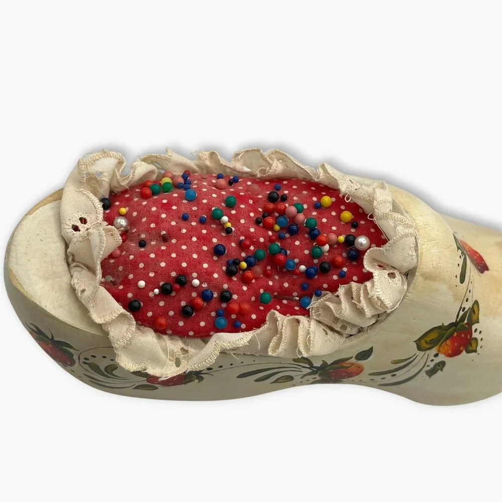 Vintage Hand Painted Wooden Dutch Clog Pin Cushion Strawberry Folk Art Cream